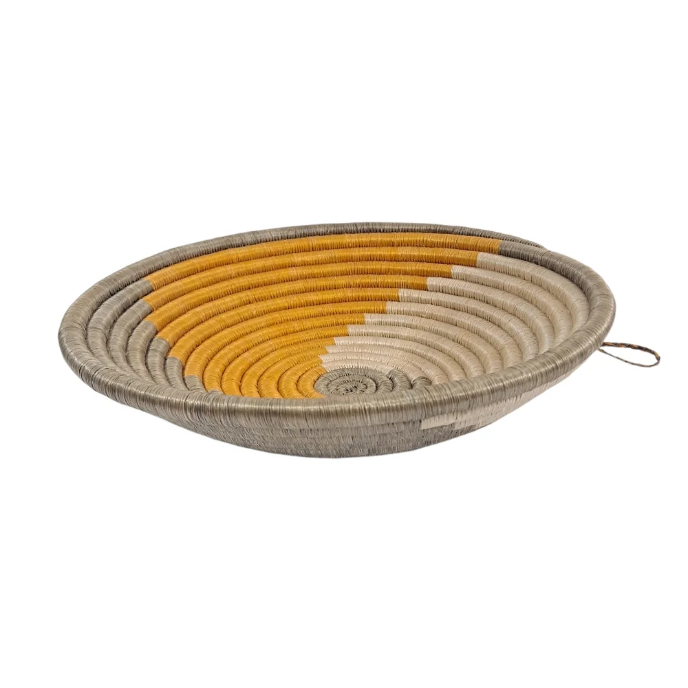 Woven Coil Basket Bowl Wall Hanging Orange Gray Cream 12